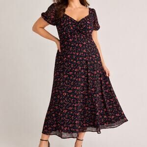 eShakti Floral Twist Front Midi Dress Womens Plus Size Cottagecore XL/1X